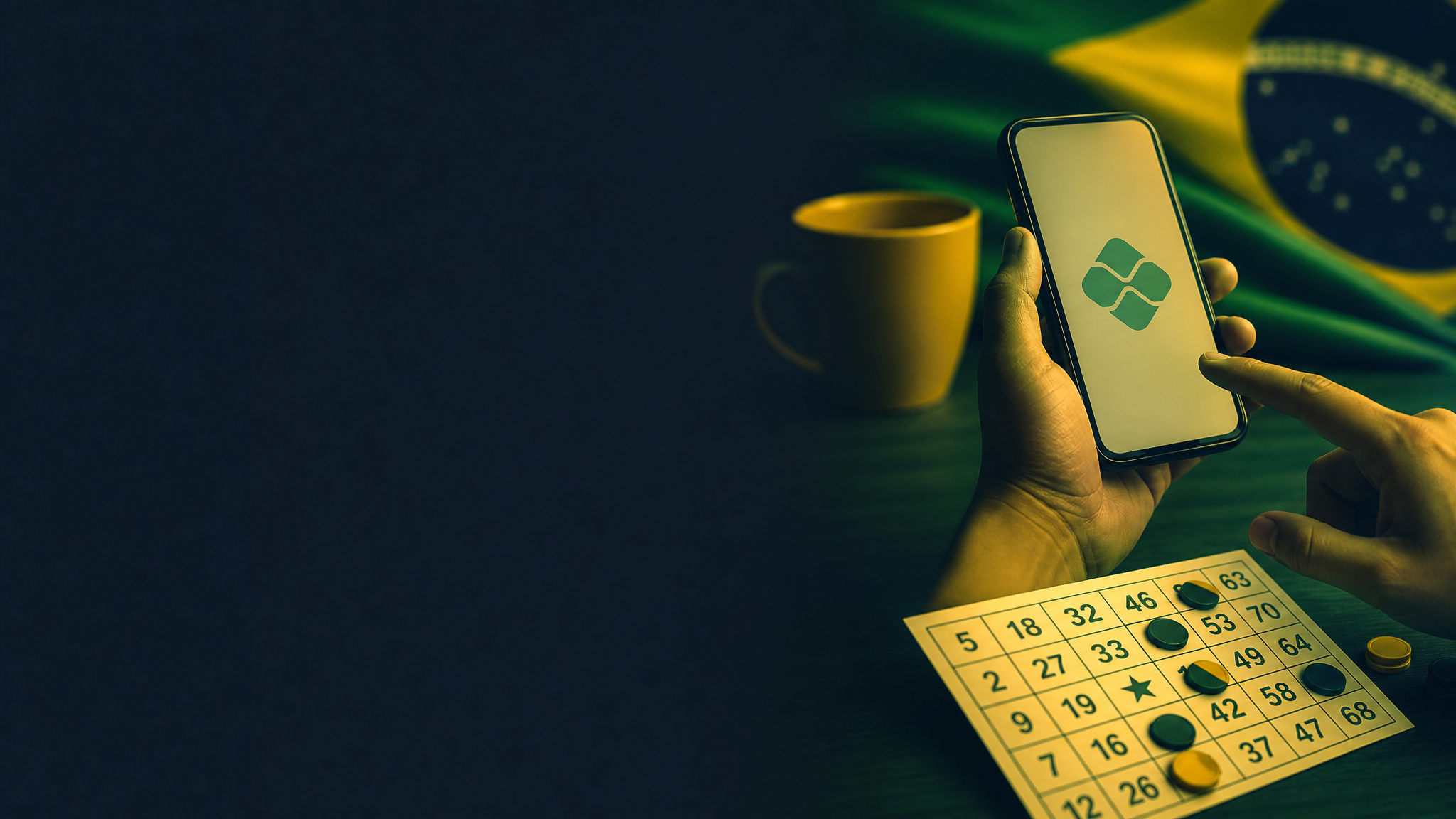Smartphone com pagamento Pix ao lado de cartela de bingo online, capa editorial verde e dourado