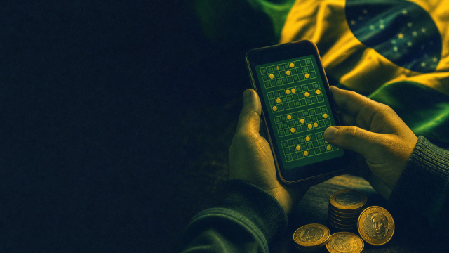 Maos segurando cartela digital de bingo no smartphone com moedas reais, preparacao pre-aposta editorial